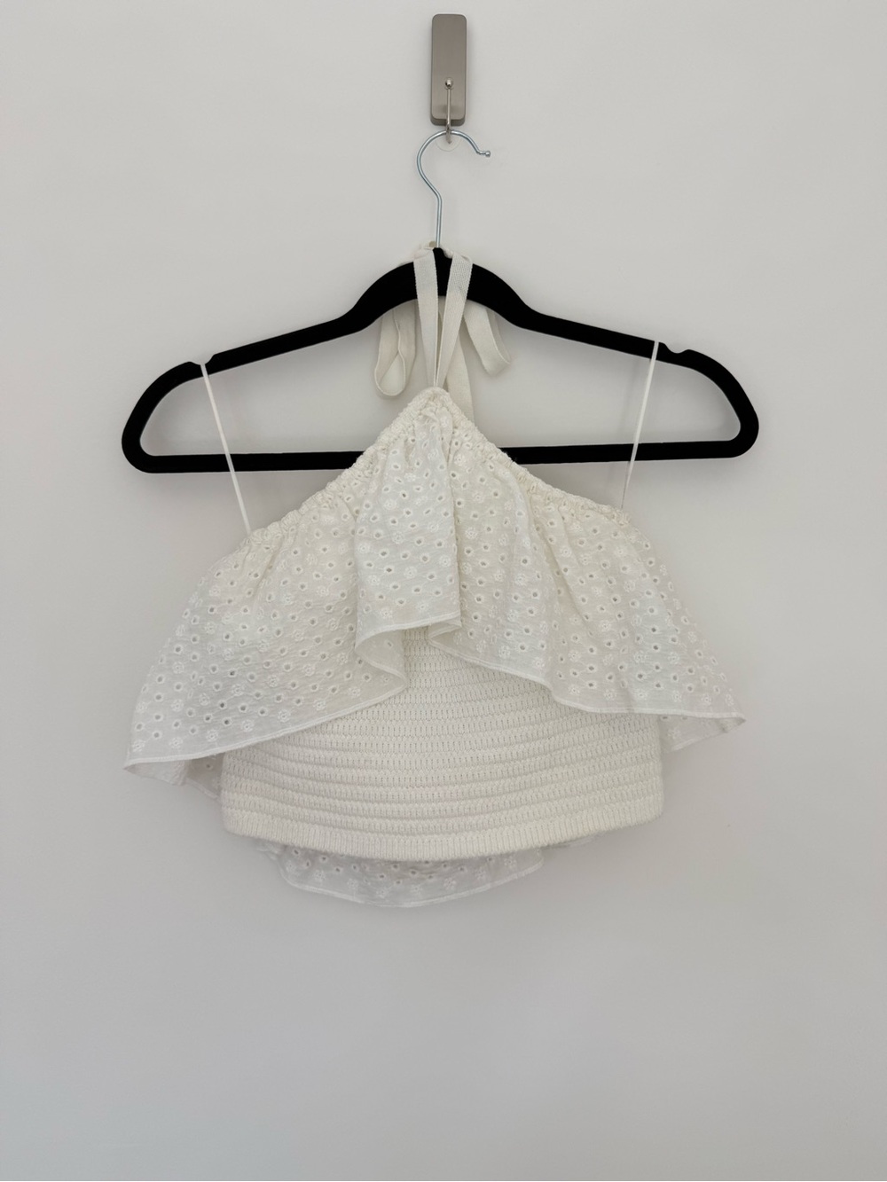 Zara Cream Knit Eyelet Halter Cropped Top